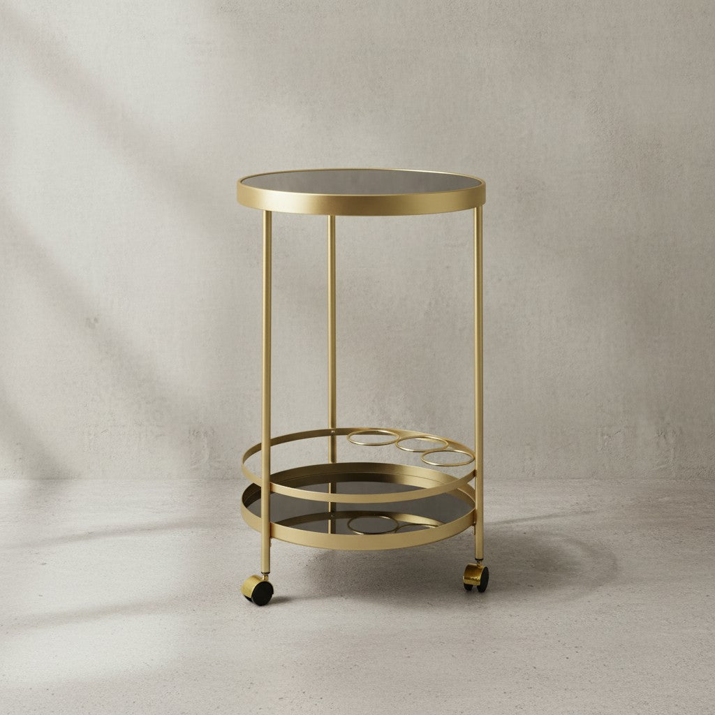 Goldener Servierwagen mit Retro-Charme und Schwarzem Sicherheitsglas - KADIMA DESIGN Größe  45x45x76 cm