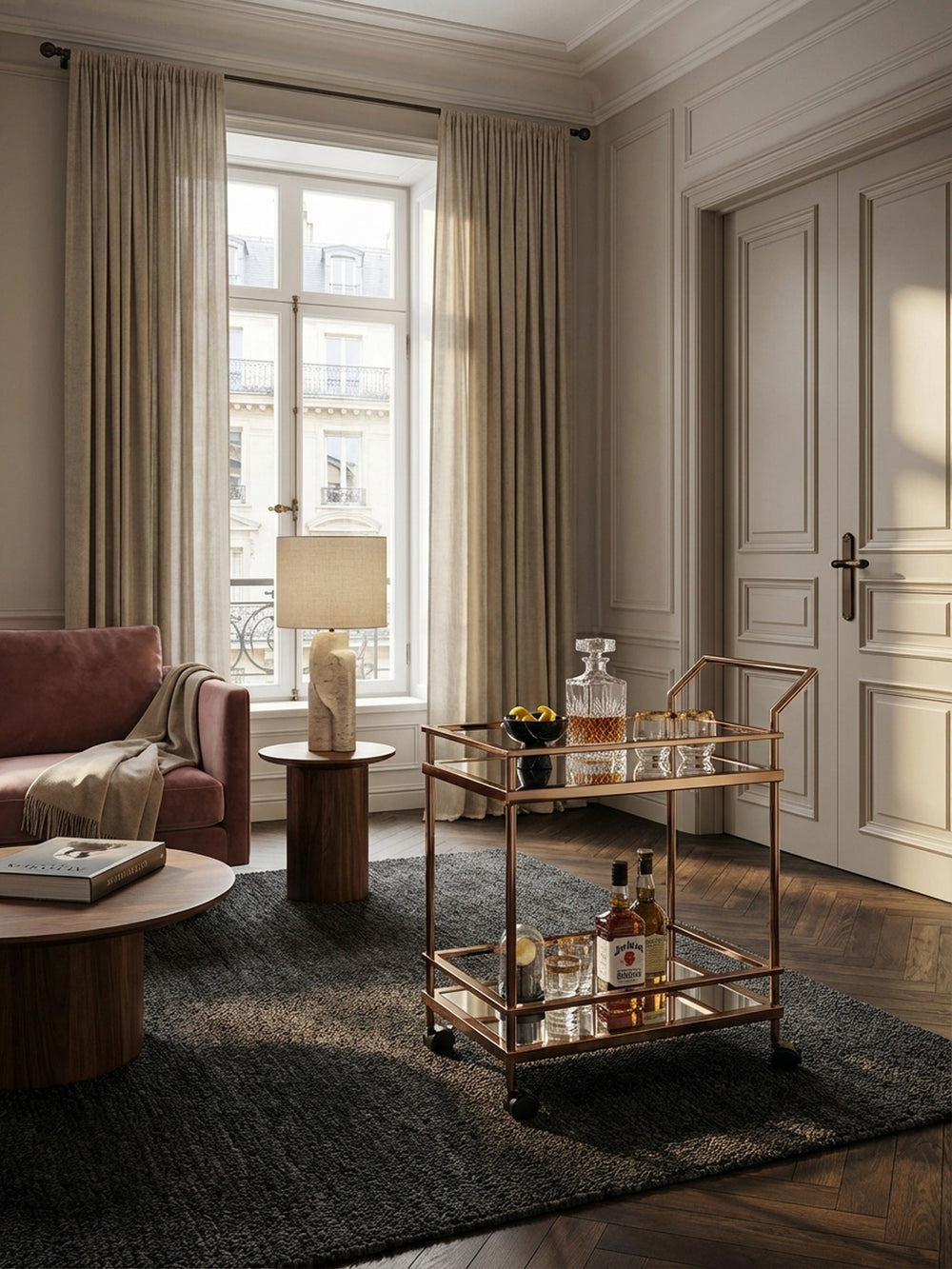 Von oben betrachtet, fügt sich der 65cm breite Design-Servierwagen perfekt in die gemütliche Ecke eines Wohnzimmers ein, ideal platziert für das Servieren von Getränken._