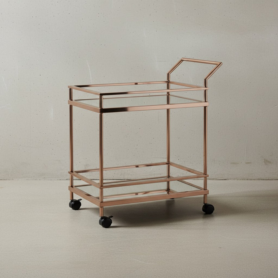 Goldener Servierwagen mit verspiegeltem Sicherheitsglas_ rollbar_ stilvoll_ vielseitig - KADIMA DESIGN_Größe_ 65x45x84 cm_
