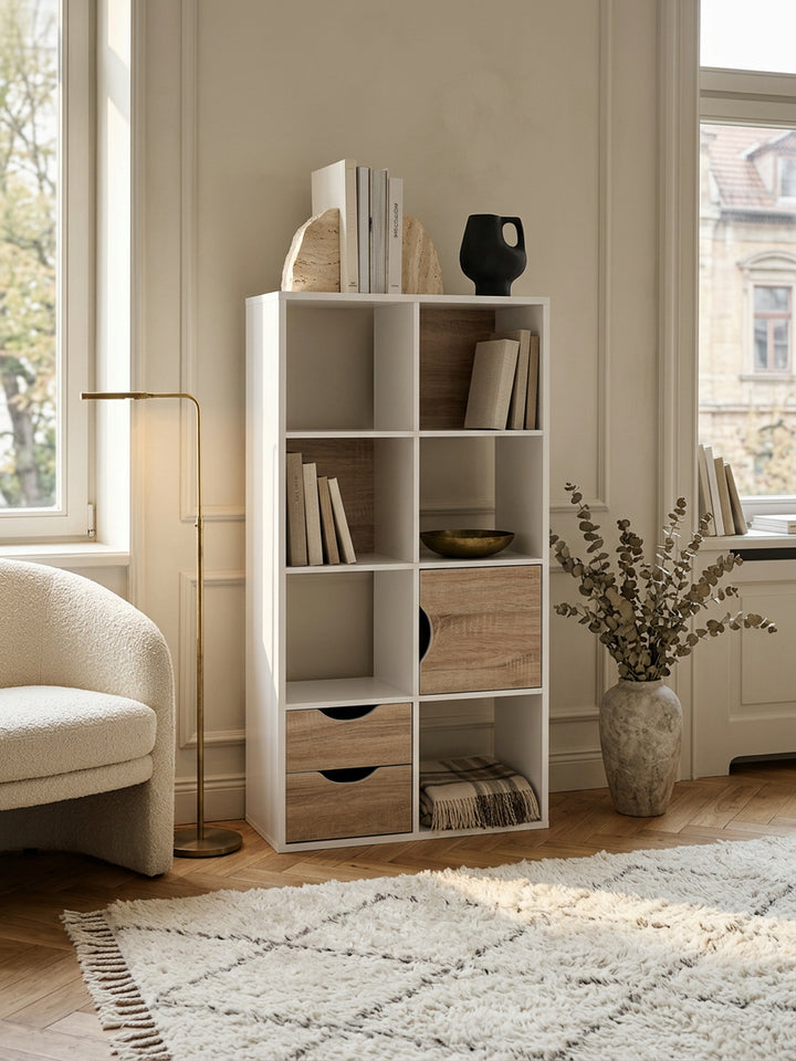 Großes Bücherregal in Sonoma Eiche und Weiß_ modernes Design_ 8 Fächer für Stauraum_ multifunktional als Raumteiler nutzbar - KADIMA DESIGN_Größe_ 60x29x120 cm_