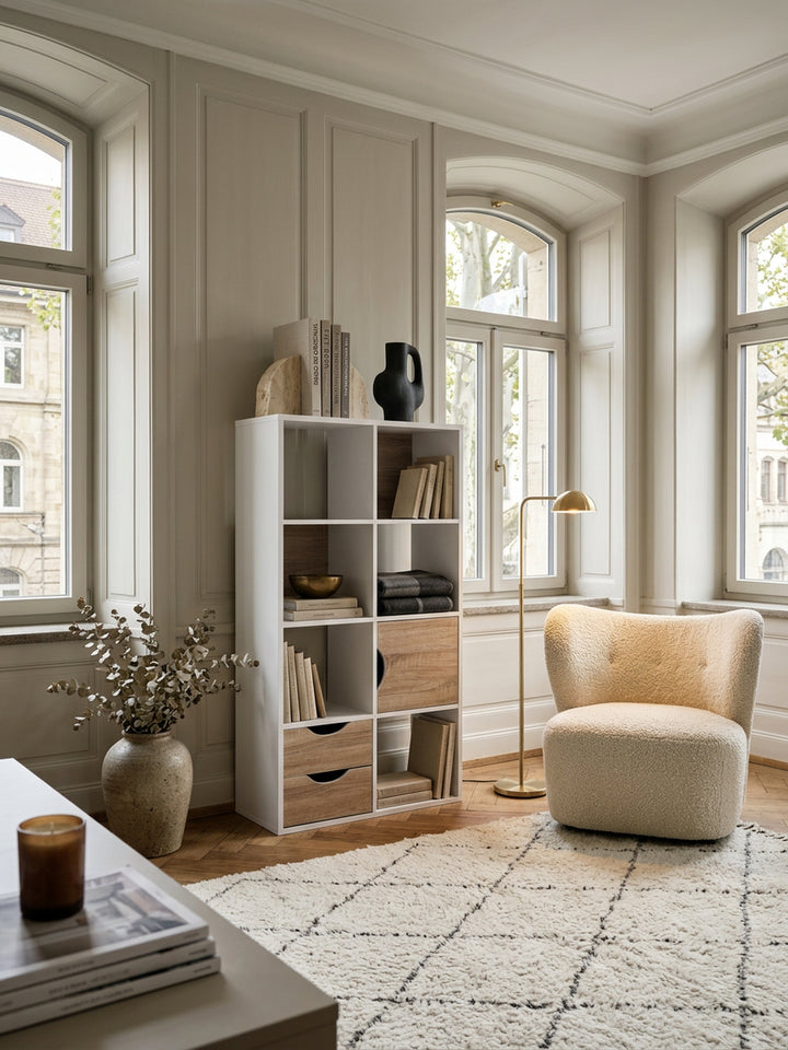 Großes Bücherregal in Sonoma Eiche und Weiß_ modernes Design_ 8 Fächer für Stauraum_ multifunktional als Raumteiler nutzbar - KADIMA DESIGN_Größe_ 60x29x120 cm_