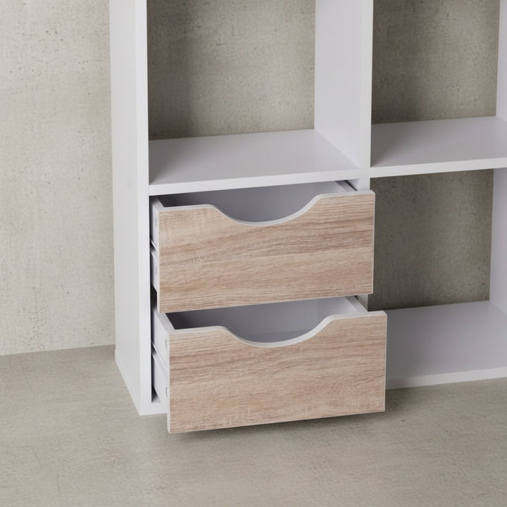 Großes Bücherregal in Sonoma Eiche und Weiß_ modernes Design_ 8 Fächer für Stauraum_ multifunktional als Raumteiler nutzbar - KADIMA DESIGN_Größe_ 60x29x120 cm_
