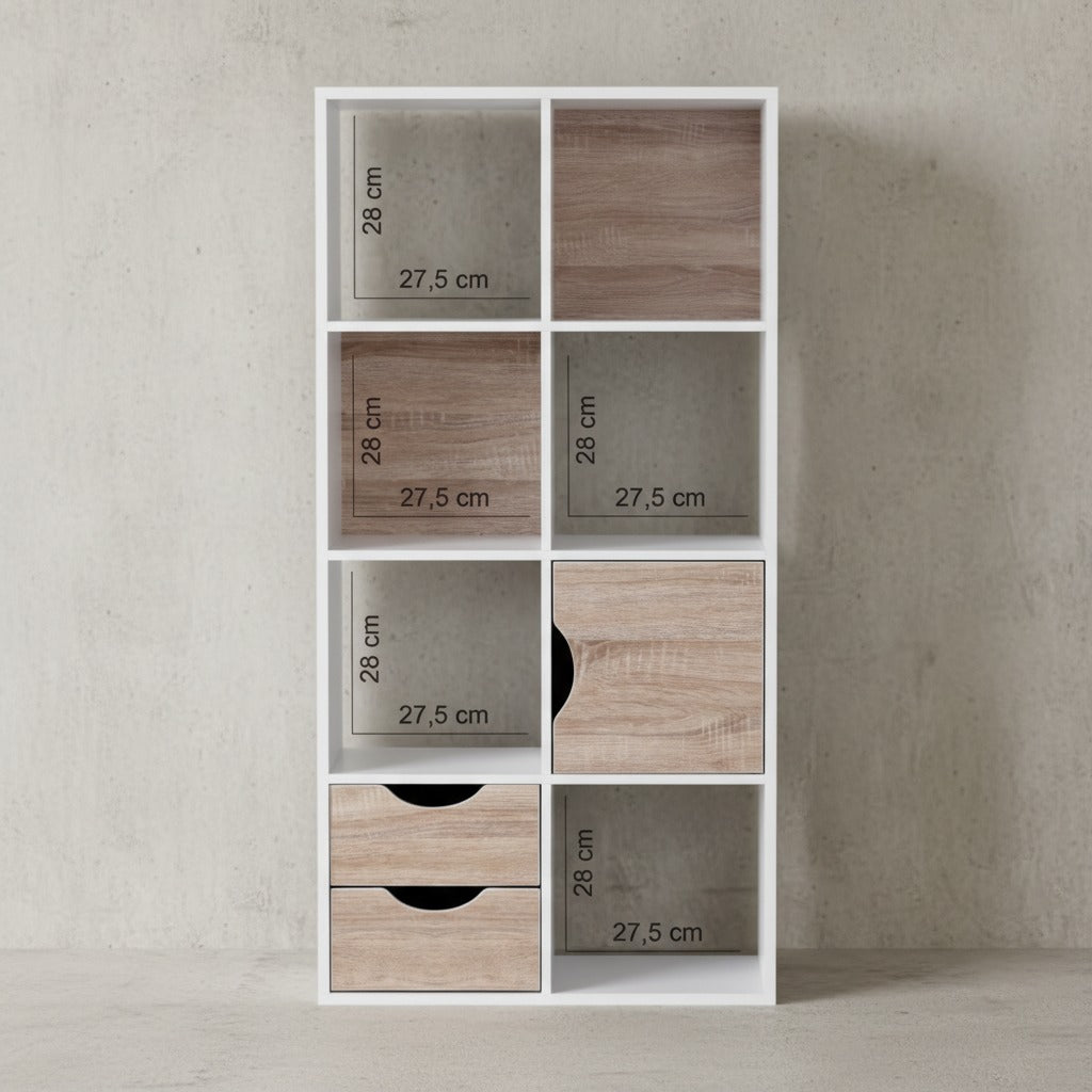 Großes Bücherregal in Sonoma Eiche und Weiß_ modernes Design_ 8 Fächer für Stauraum_ multifunktional als Raumteiler nutzbar - KADIMA DESIGN_Größe_ 60x29x120 cm_