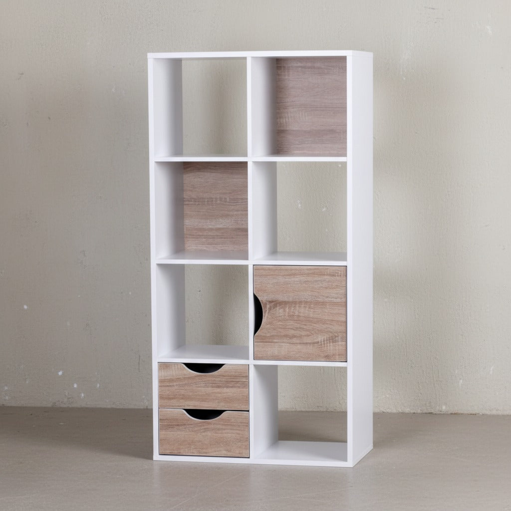 Großes Bücherregal in Sonoma Eiche und Weiß_ modernes Design_ 8 Fächer für Stauraum_ multifunktional als Raumteiler nutzbar - KADIMA DESIGN_Größe_ 60x29x120 cm_