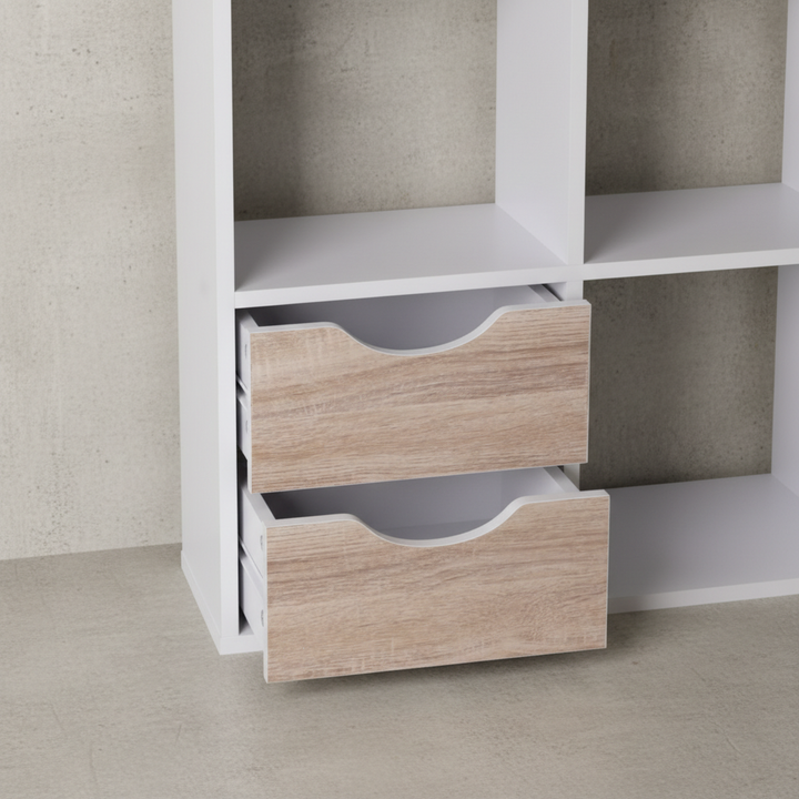 Großes Bücherregal in Sonoma Eiche und Weiß_ modernes Design_ 8 Fächer für Stauraum_ multifunktional als Raumteiler nutzbar - KADIMA DESIGN_Größe_ 60x29x120 cm_