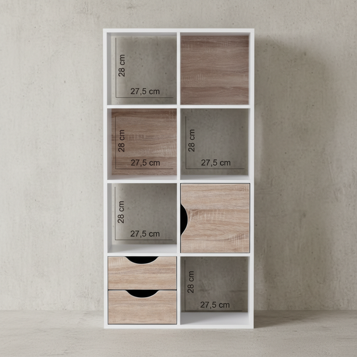 Großes Bücherregal in Sonoma Eiche und Weiß_ modernes Design_ 8 Fächer für Stauraum_ multifunktional als Raumteiler nutzbar - KADIMA DESIGN_Größe_ 60x29x120 cm_