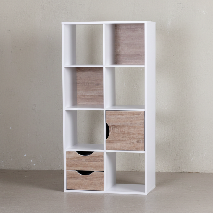 Großes Bücherregal in Sonoma Eiche und Weiß_ modernes Design_ 8 Fächer für Stauraum_ multifunktional als Raumteiler nutzbar - KADIMA DESIGN_Größe_ 60x29x120 cm_