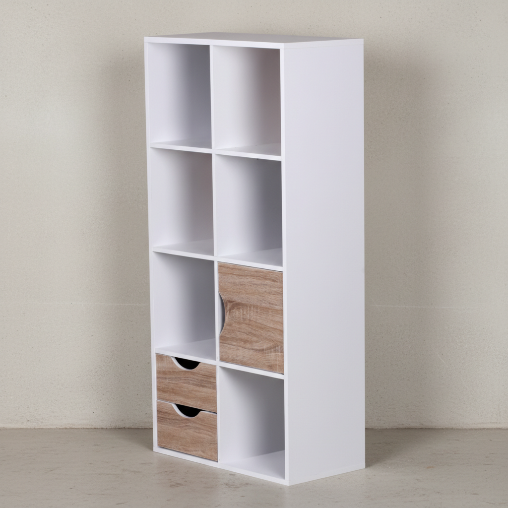 Großes Bücherregal in Sonoma Eiche und Weiß_ modernes Design_ 8 Fächer für Stauraum_ multifunktional als Raumteiler nutzbar - KADIMA DESIGN_Größe_ 60x29x120 cm_