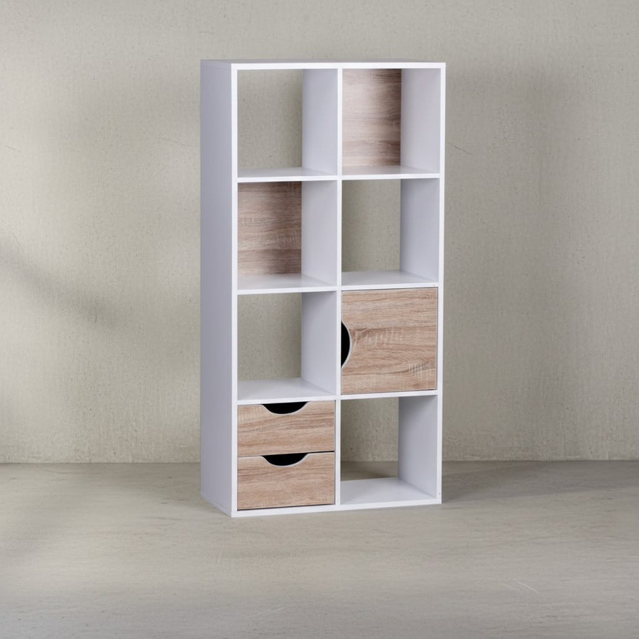 Großes Bücherregal in Sonoma Eiche und Weiß_ modernes Design_ 8 Fächer für Stauraum_ multifunktional als Raumteiler nutzbar - KADIMA DESIGN_Größe_ 60x29x120 cm_
