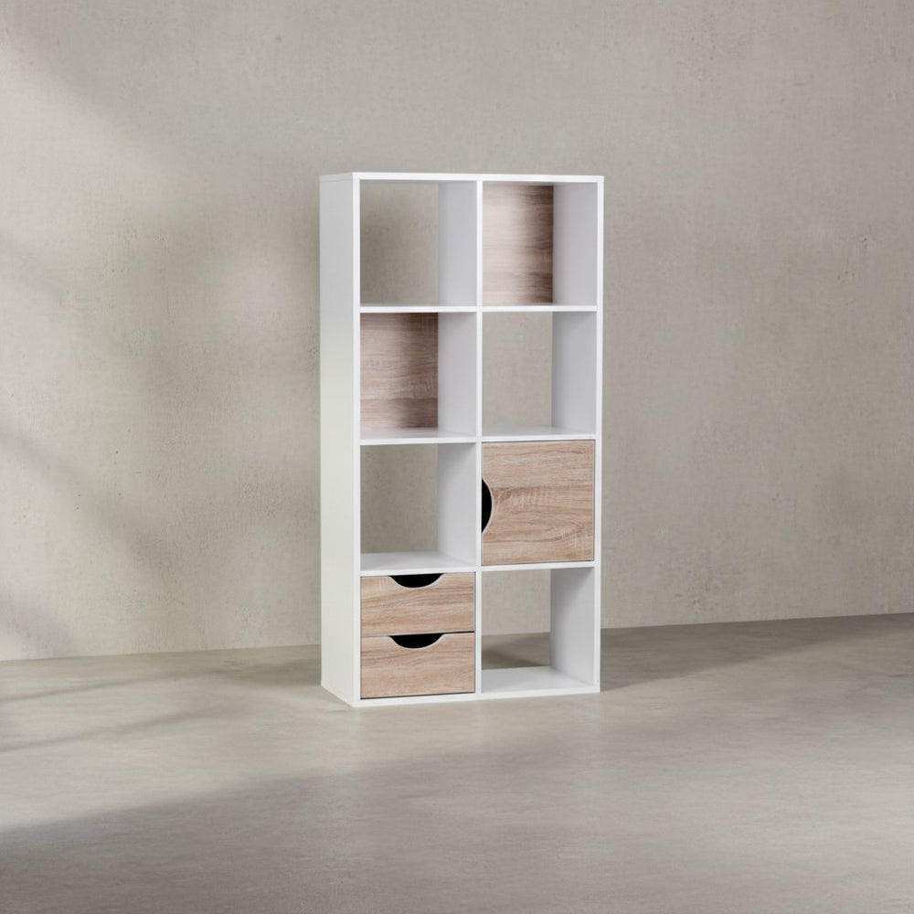 Großes Bücherregal in Sonoma Eiche und Weiß_ modernes Design_ 8 Fächer für Stauraum_ multifunktional als Raumteiler nutzbar - KADIMA DESIGN_Größe_ 60x29x120 cm_