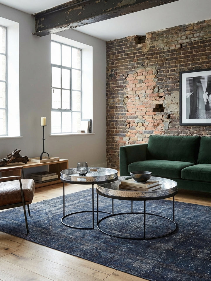 Modernes Couchtisch-Set aus silbernem Metall mit Tabletts im stilvollen Wohnzimmer, platziert auf einem blauen Teppich vor einer grauen Couch._