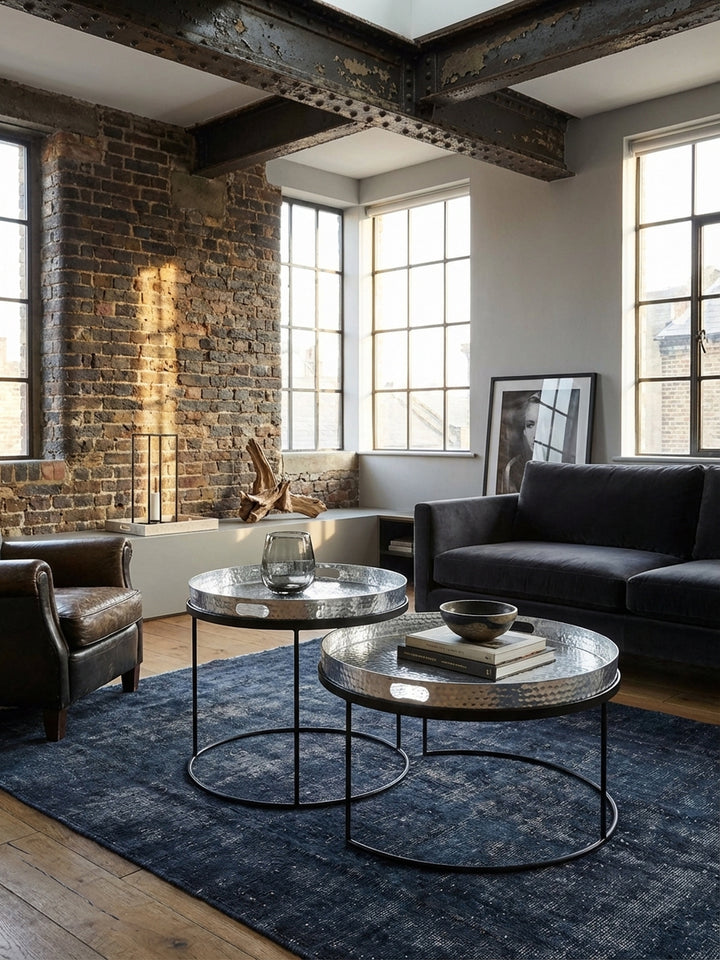 Runder Satztisch in Silber und Schwarz von oben gesehen, zeigt die flexible Anordnung der zwei Tische mit abnehmbarem Tablett im Wohnbereich._