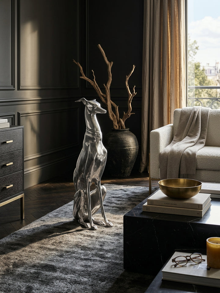 Handgefertigte Aluminium Skulptur eines Windhundes_ 18x70 cm_ detaillierte Formgebung_ robust und langlebig für stilvolle Dekoration - KADIMA DESIGN_Größe_ 18x25x70 cm_