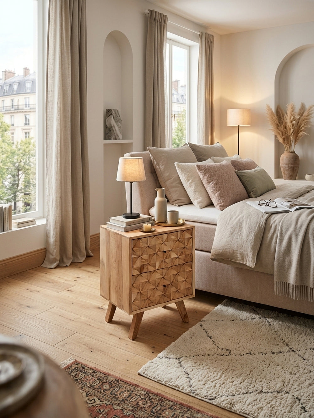 Massivholz Nachttisch aus Akazie (44x61x35cm) im luxuriösen Schlafzimmer neben einem Boxspringbett. Die markante 3D-Dreiecksfront bringt warme Textur in die moderne Einrichtung._