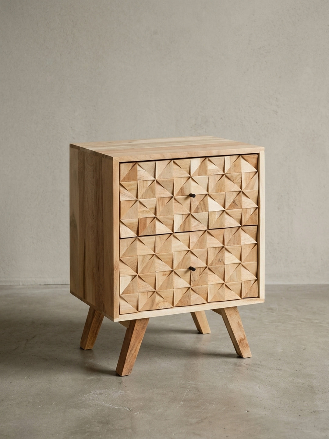 Maßskizze der Nachtkonsole: Exakte Abmessungen zeigen 44cm Breite, 61cm Gesamthöhe und 35cm Tiefe. Perfekte Proportionen als hoher Holz-Beistelltisch für moderne Boxspringbetten._