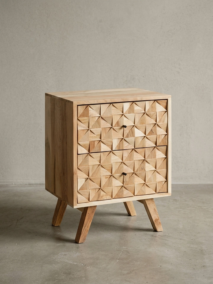 Maßskizze der Nachtkonsole: Exakte Abmessungen zeigen 44cm Breite, 61cm Gesamthöhe und 35cm Tiefe. Perfekte Proportionen als hoher Holz-Beistelltisch für moderne Boxspringbetten._