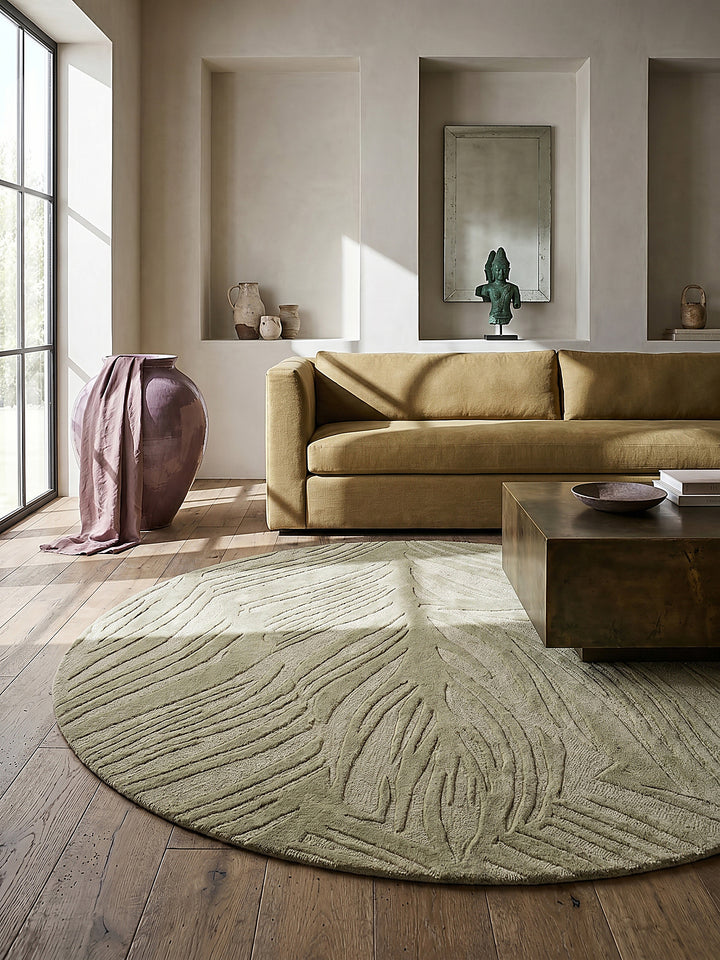 Teppich Grün-Beige rund gemütliche Wohnszene_