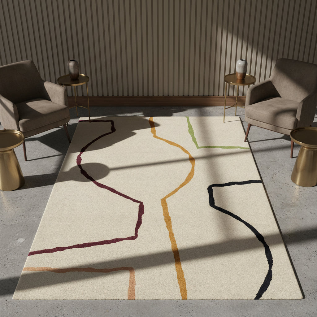 Draufsicht auf einen Designer-Teppich mit künstlerischem Linienmuster auf hellem Grund