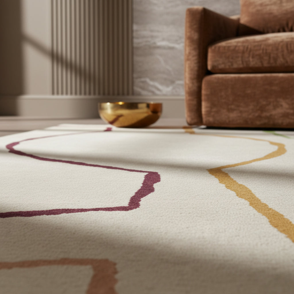 Draufsicht auf einen Designer-Teppich mit künstlerischem Linienmuster auf hellem Grund