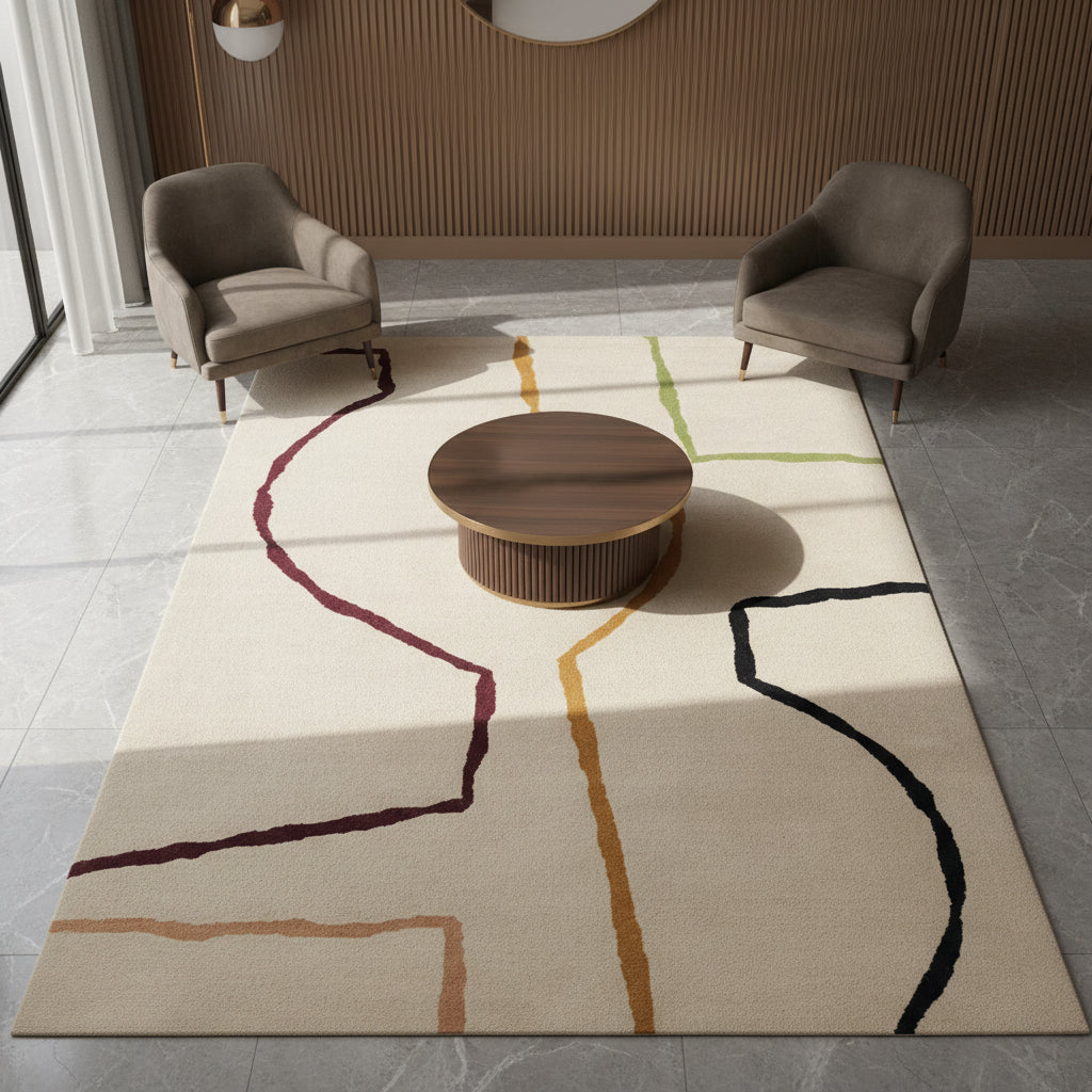 Draufsicht auf einen Designer-Teppich mit künstlerischem Linienmuster auf hellem Grund