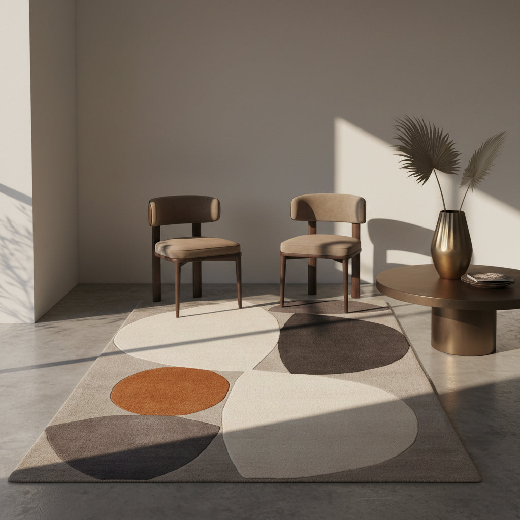 Abstrakter, mehrfarbiger Wollteppich in einem luxuriös gestalteten Wohnzimmer mit dunklen Wänden Kadima Design