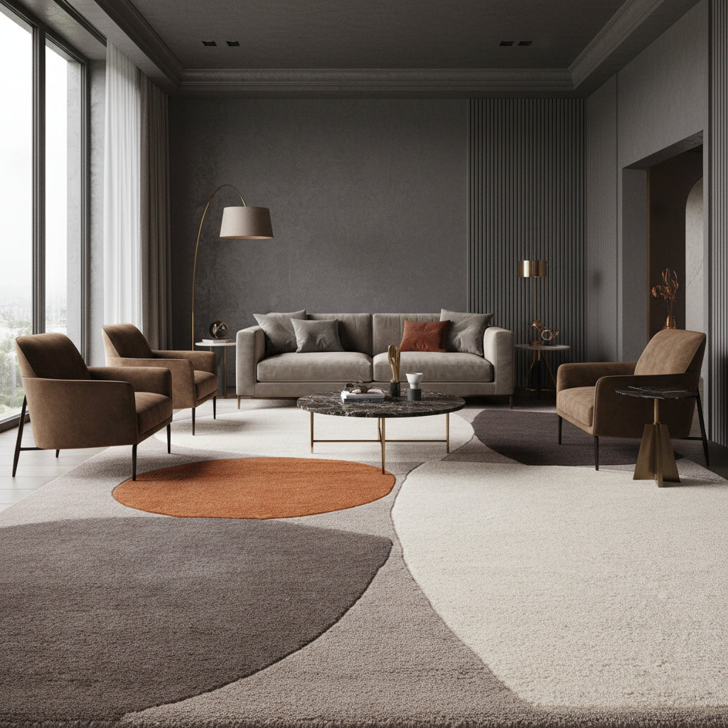 Abstrakter, mehrfarbiger Wollteppich in einem luxuriös gestalteten Wohnzimmer mit dunklen Wänden_Kadima Design_