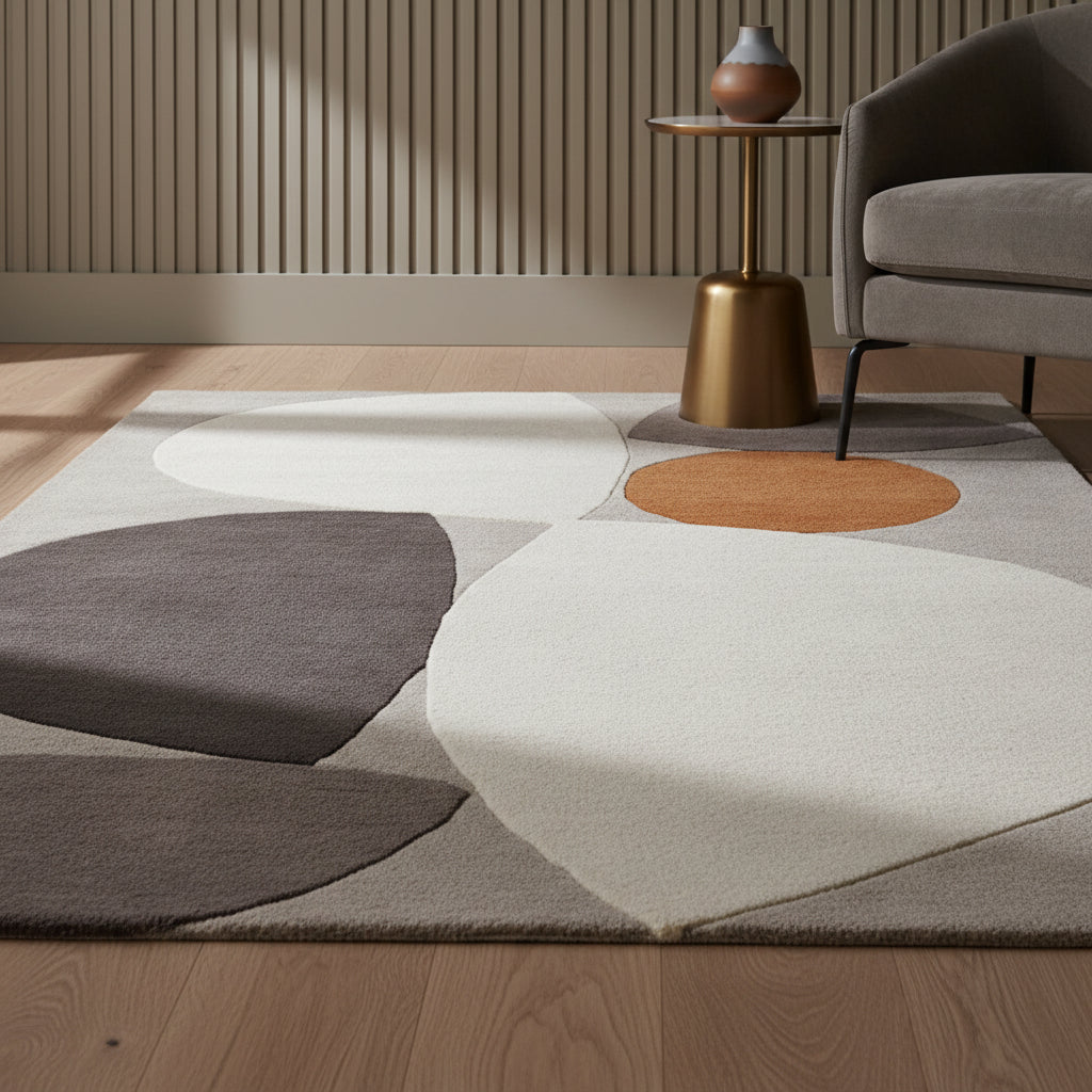 Abstrakter, mehrfarbiger Wollteppich in einem luxuriös gestalteten Wohnzimmer mit dunklen Wänden Kadima Design
