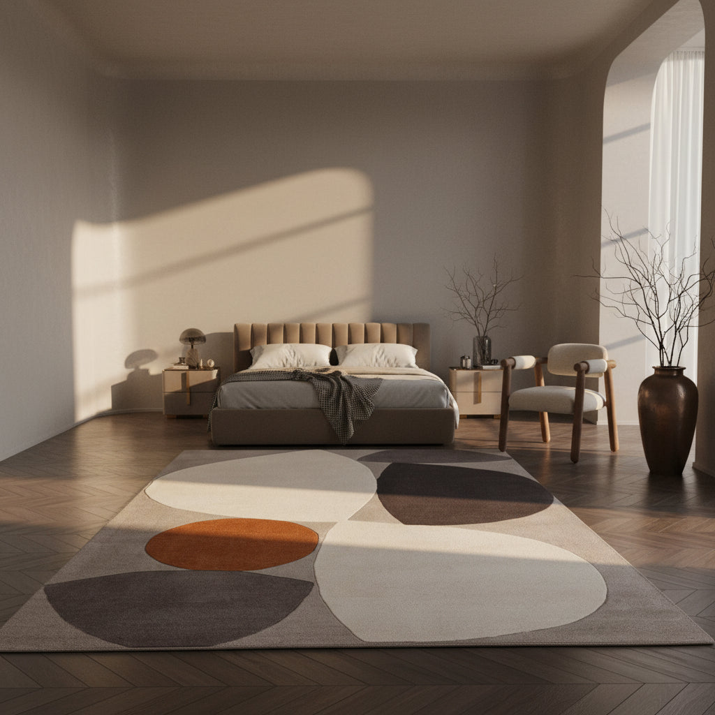 Abstrakter, mehrfarbiger Wollteppich in einem luxuriös gestalteten Wohnzimmer mit dunklen Wänden Kadima Design