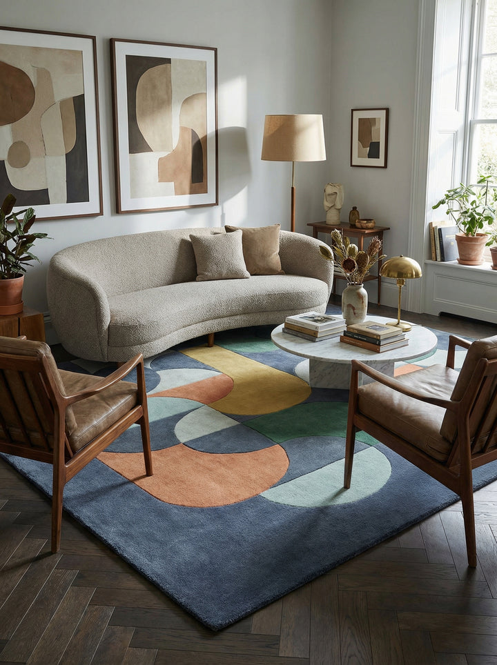 Handgetufteter Wollteppich_Geometrisches Mid-Century-Muster in Dunkelblau_Hohe Flordichte_Künstlerische Textur - HULL-Beverley_