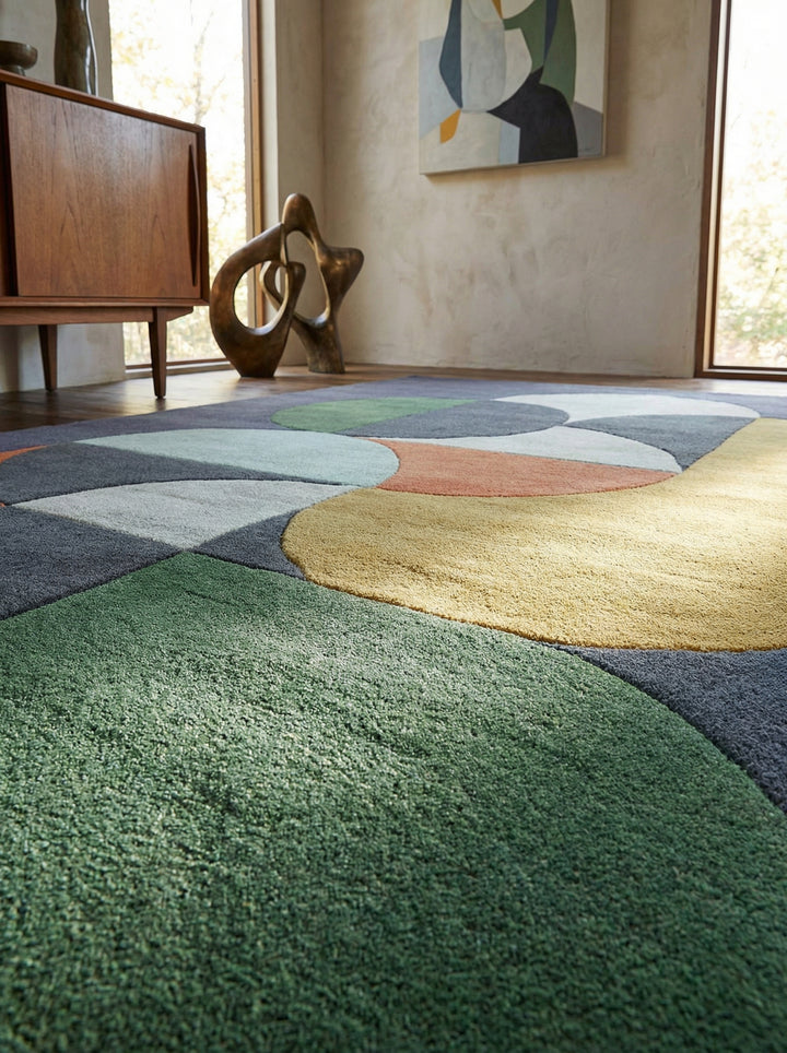 Handgetufteter Wollteppich_Geometrisches Mid-Century-Muster in Dunkelblau_Hohe Flordichte_Künstlerische Textur - HULL-Beverley_