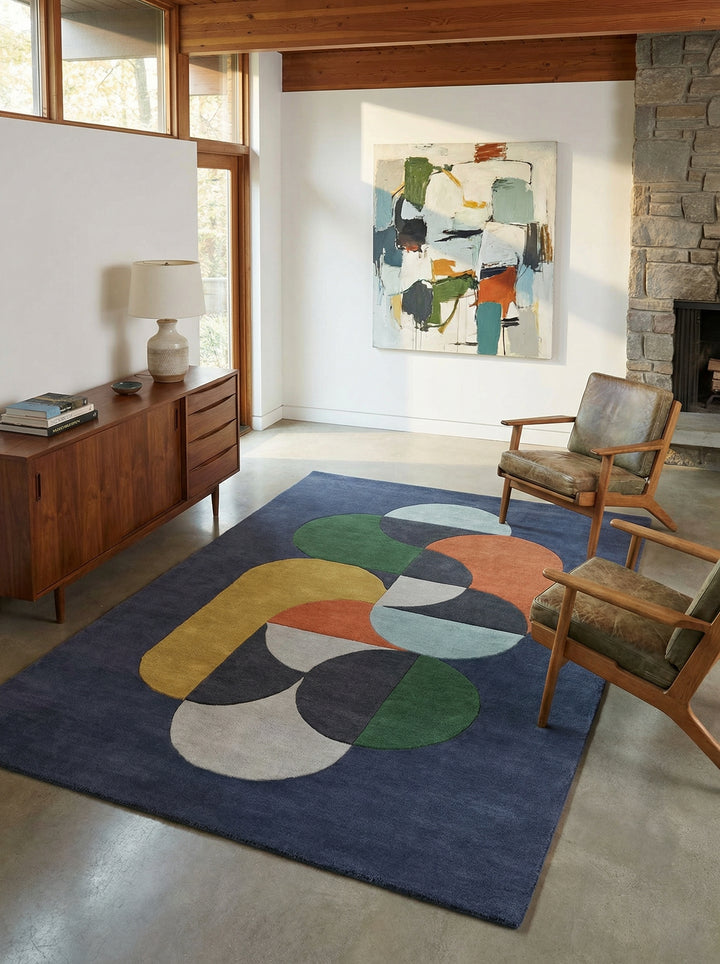 Handgetufteter Wollteppich_Geometrisches Mid-Century-Muster in Dunkelblau_Hohe Flordichte_Künstlerische Textur - HULL-Beverley_