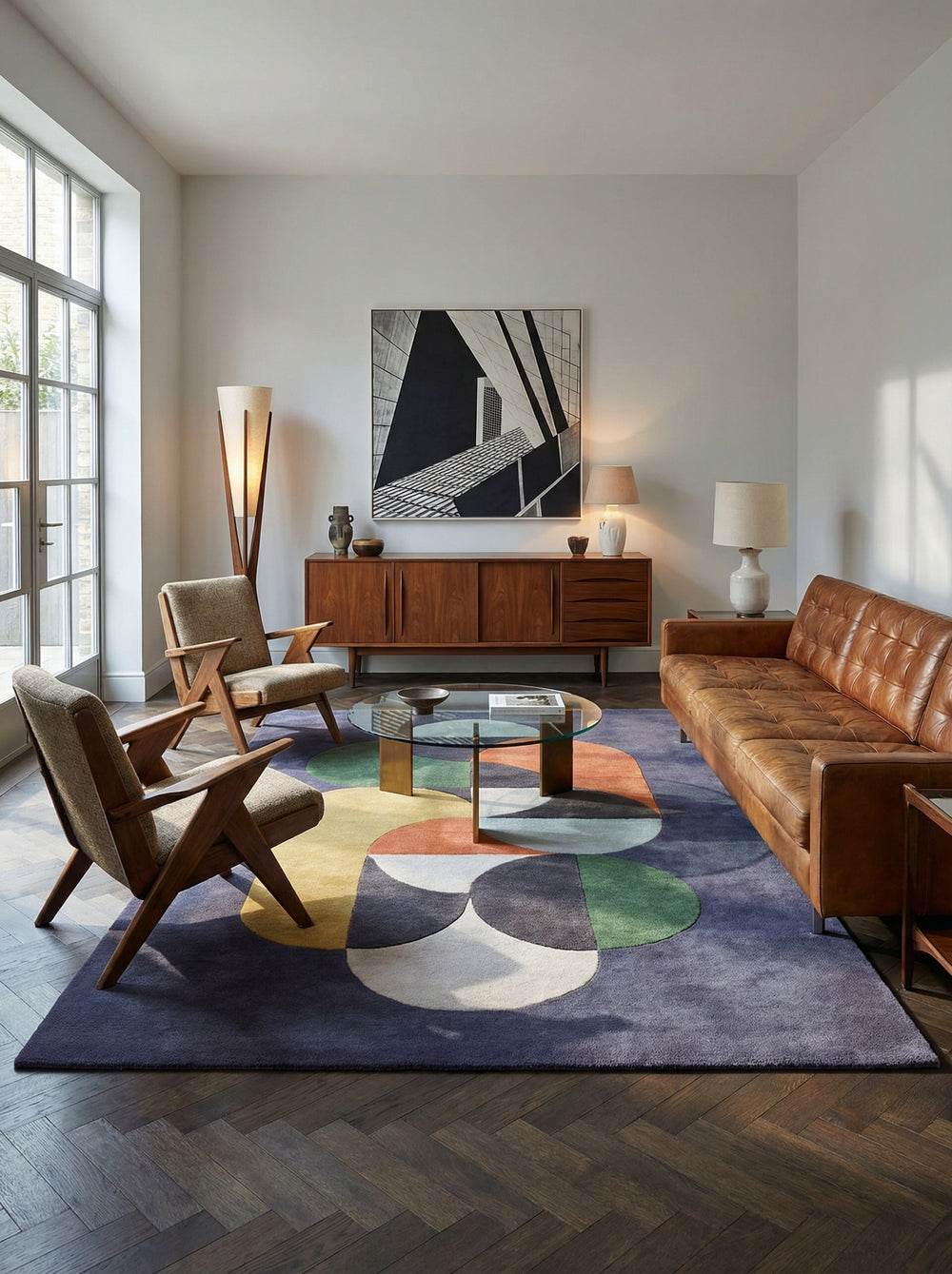 Handgetufteter Wollteppich_Geometrisches Mid-Century-Muster in Dunkelblau_Hohe Flordichte_Künstlerische Textur - HULL-Beverley_