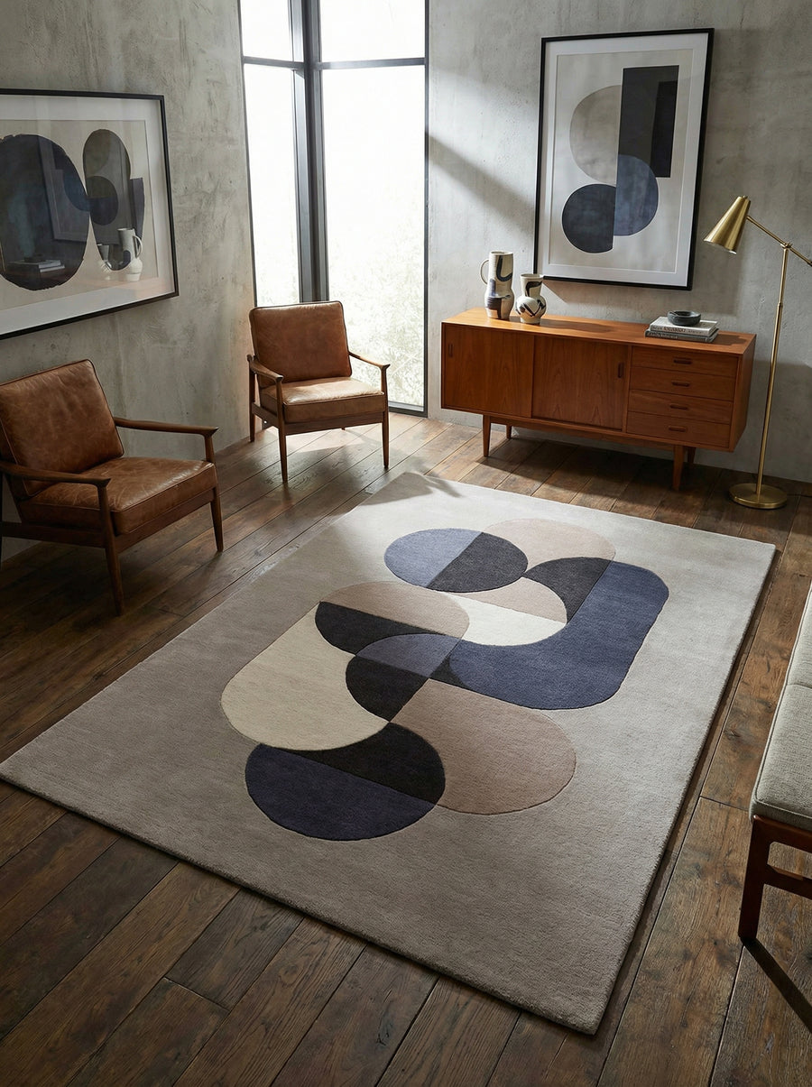 Handgetufteter Wollteppich_Geometrisches Mid-Century-Muster in Dunkelblau_Hohe Flordichte_Künstlerische Textur - HULL-Beverley_