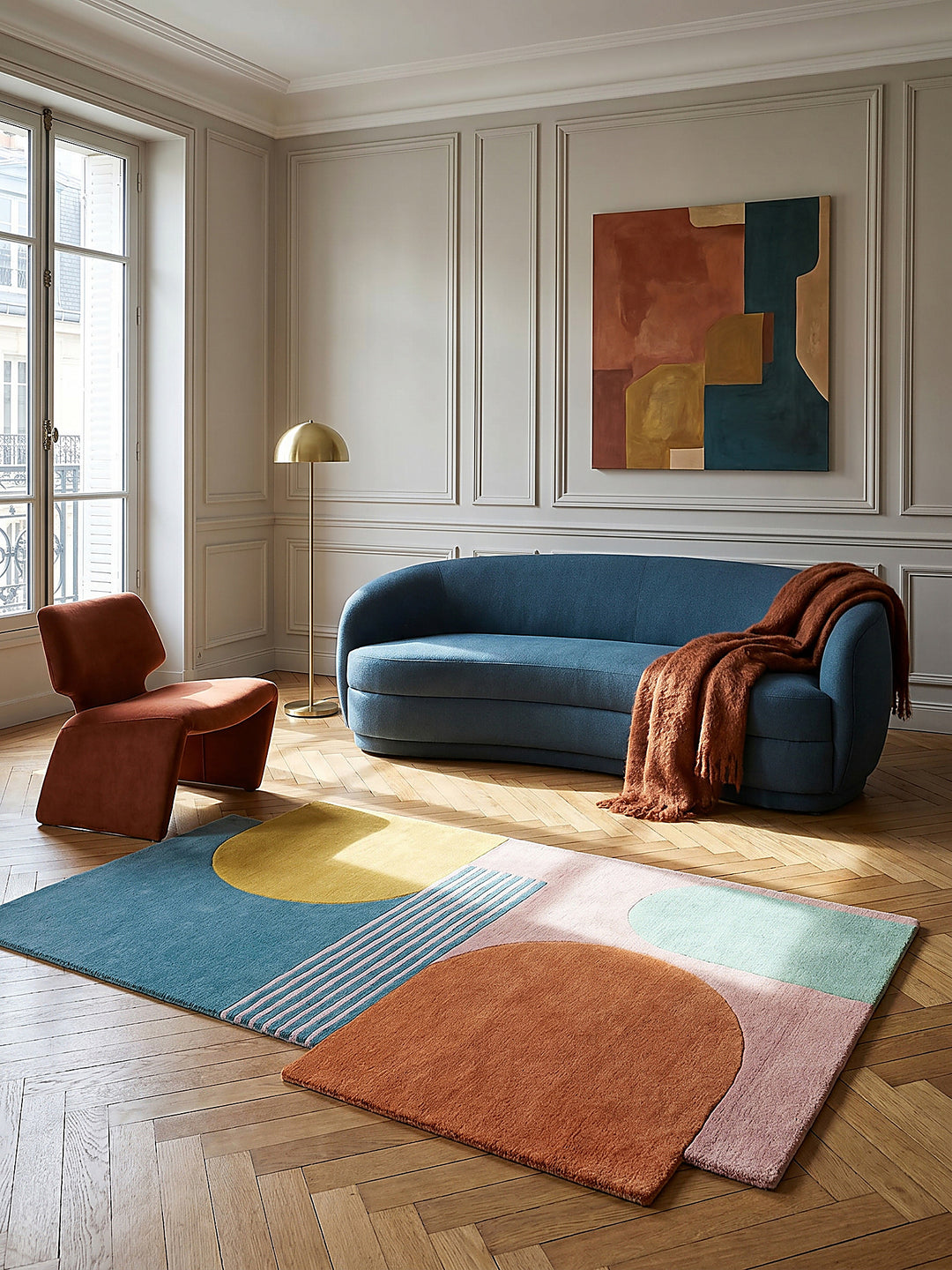 Teppich Multi rechteckig Editorial Interior als Designobjekt drapiert hochwertige Wohnaccessoires_