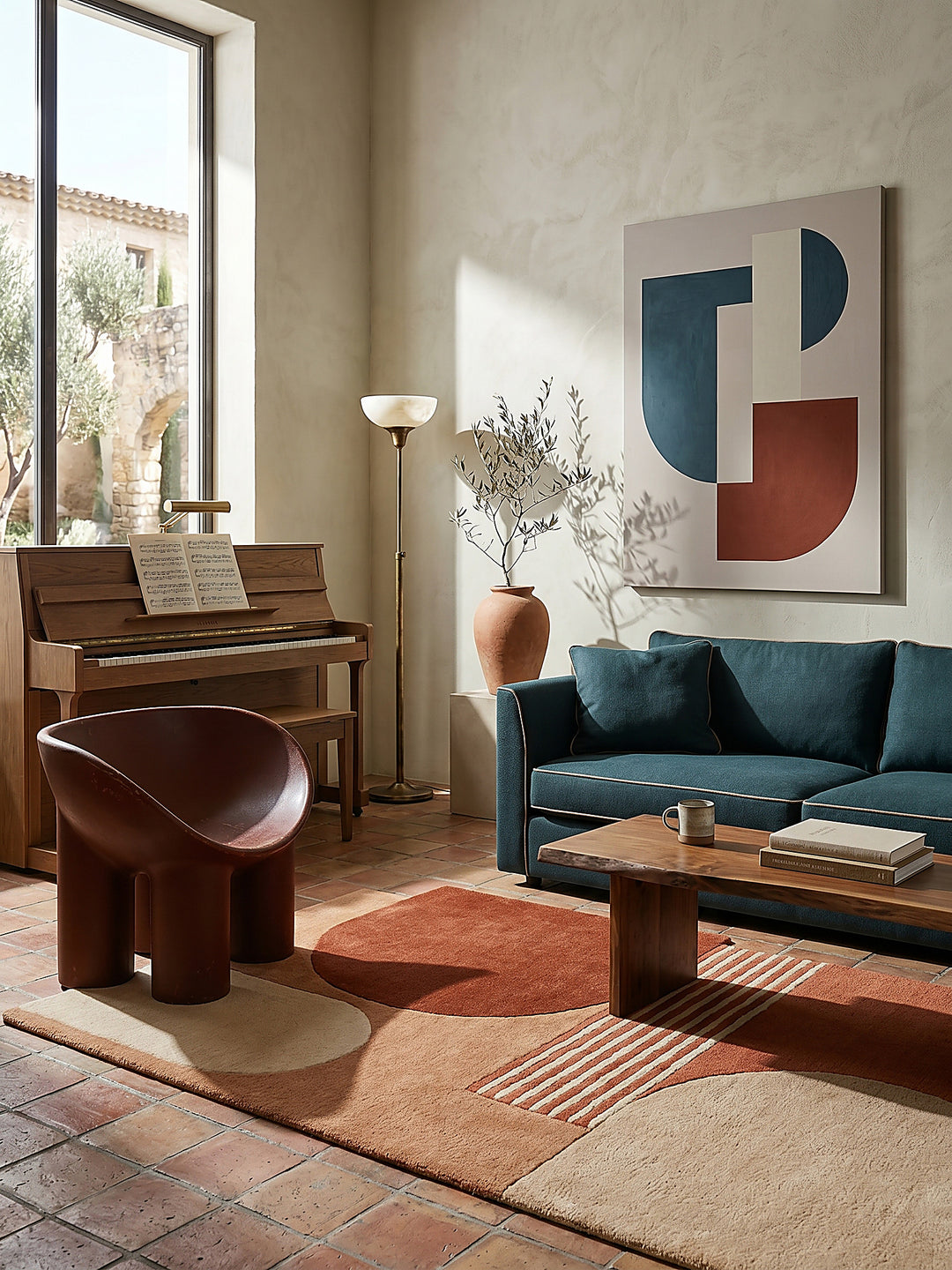 Teppich Terrakotta rechteckig im Wohnzimmer mit Couchtisch und Wohnaccessoires Wohnidee skandinavisch modern_