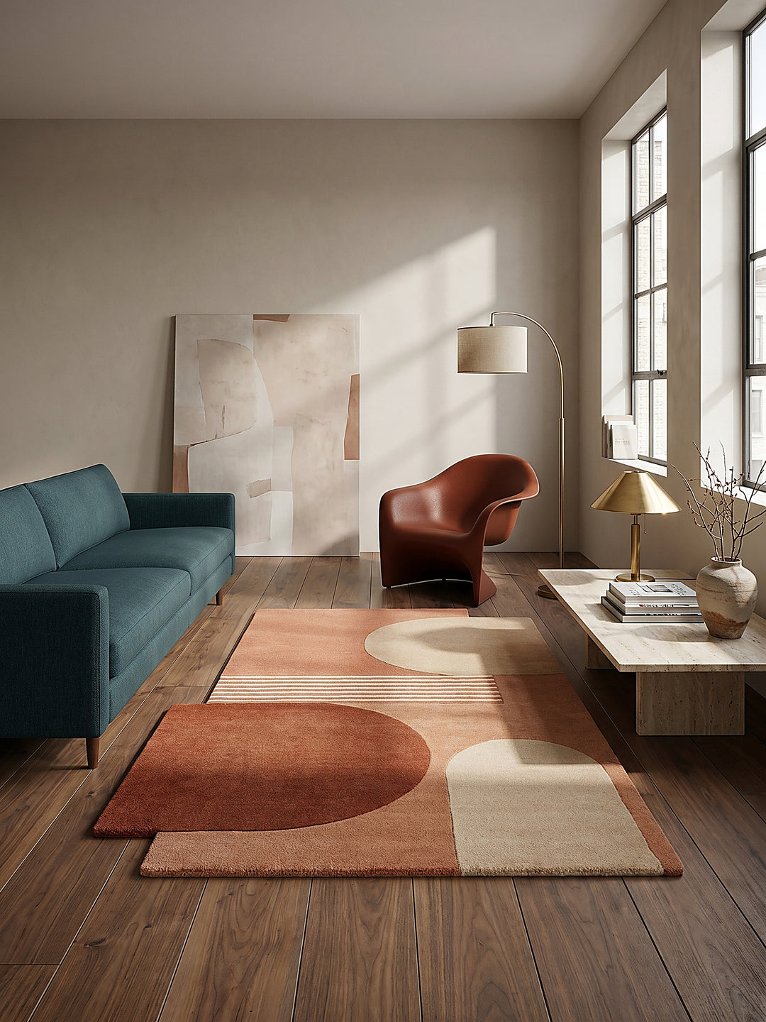 Teppich Terrakotta rechteckig Editorial Interior als Designobjekt drapiert hochwertige Wohnaccessoires_