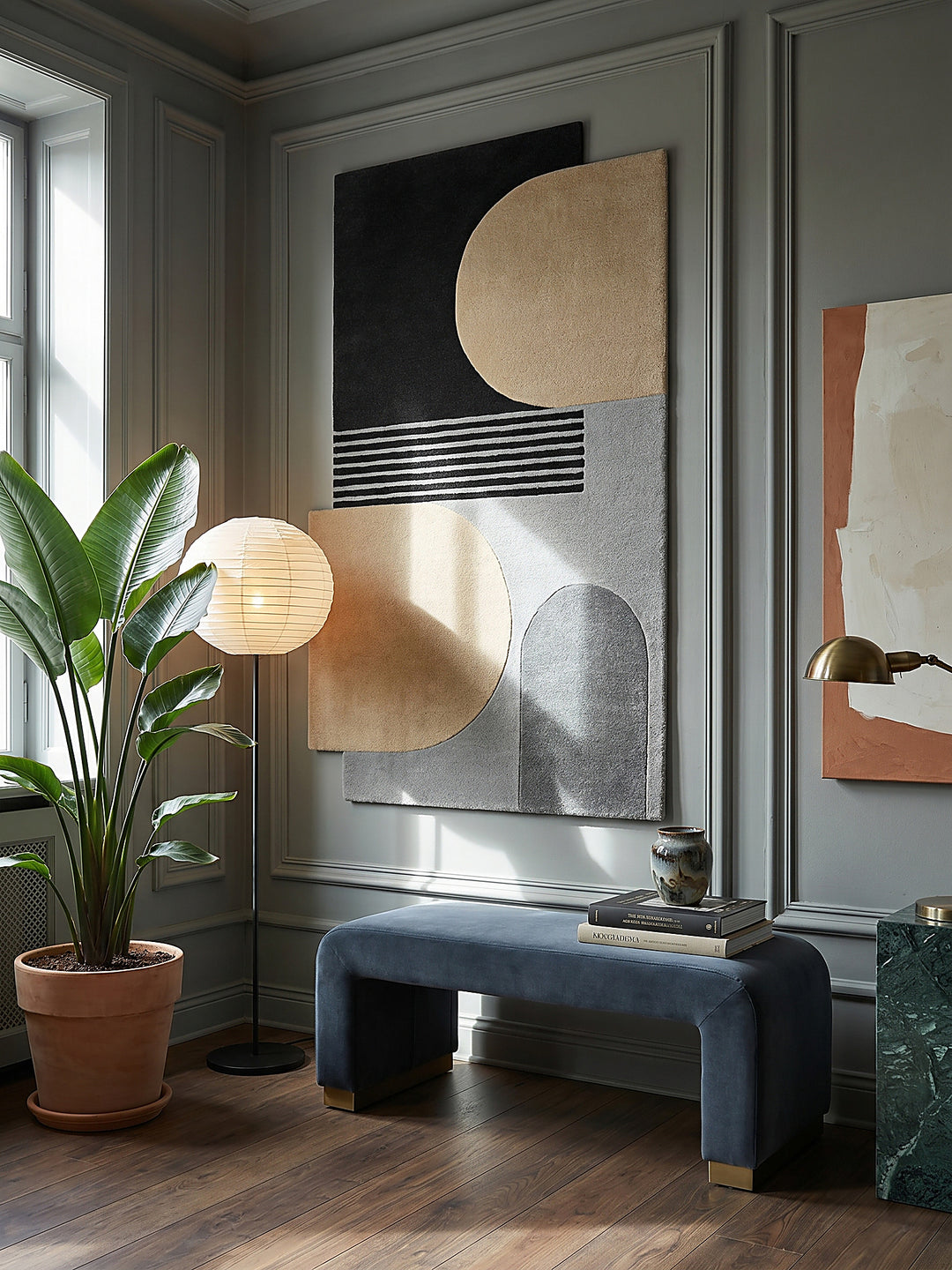 Teppich Grau rechteckig als Wandteppich Wanddekoration Textilkunst Interior Design_