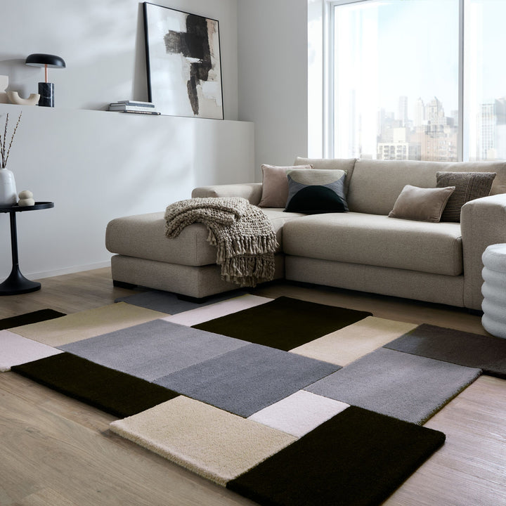 Wollteppich handgetuftet - geometrisch - rutschfest - Teppich Wolle_Grau-Beige_Rechteckig_