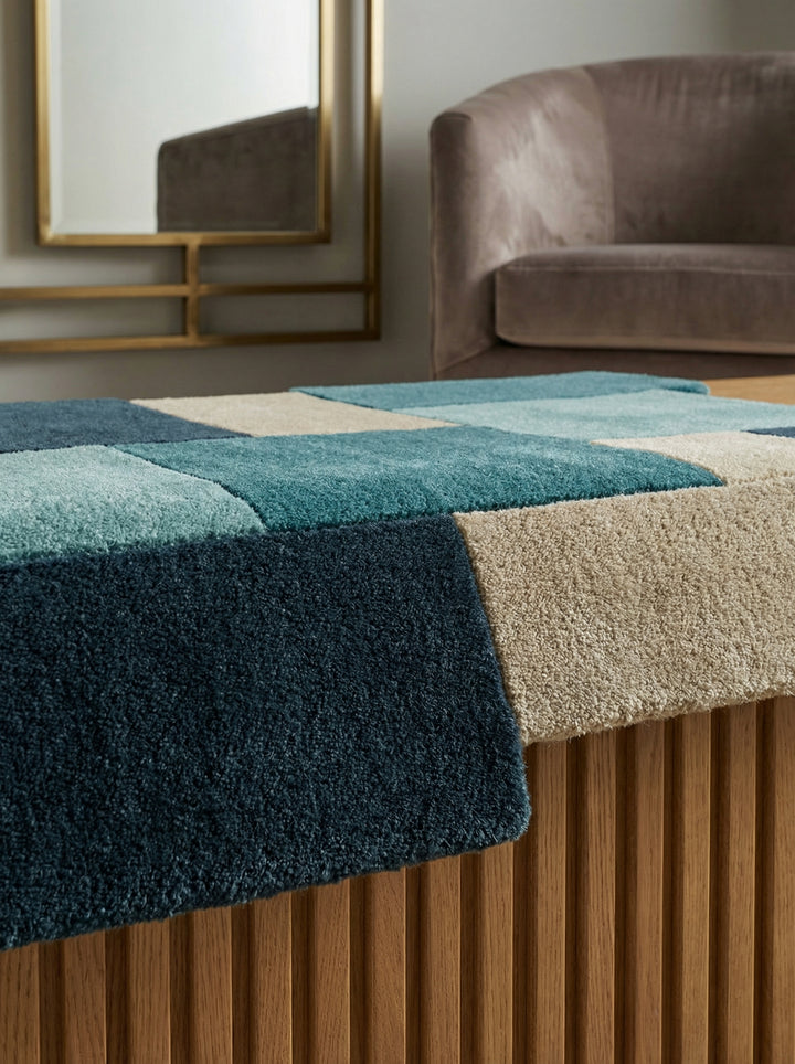 Draufsicht eines geometrischen Wollteppichs in Blau- und Beigetönen mit gestaffelten Kanten_