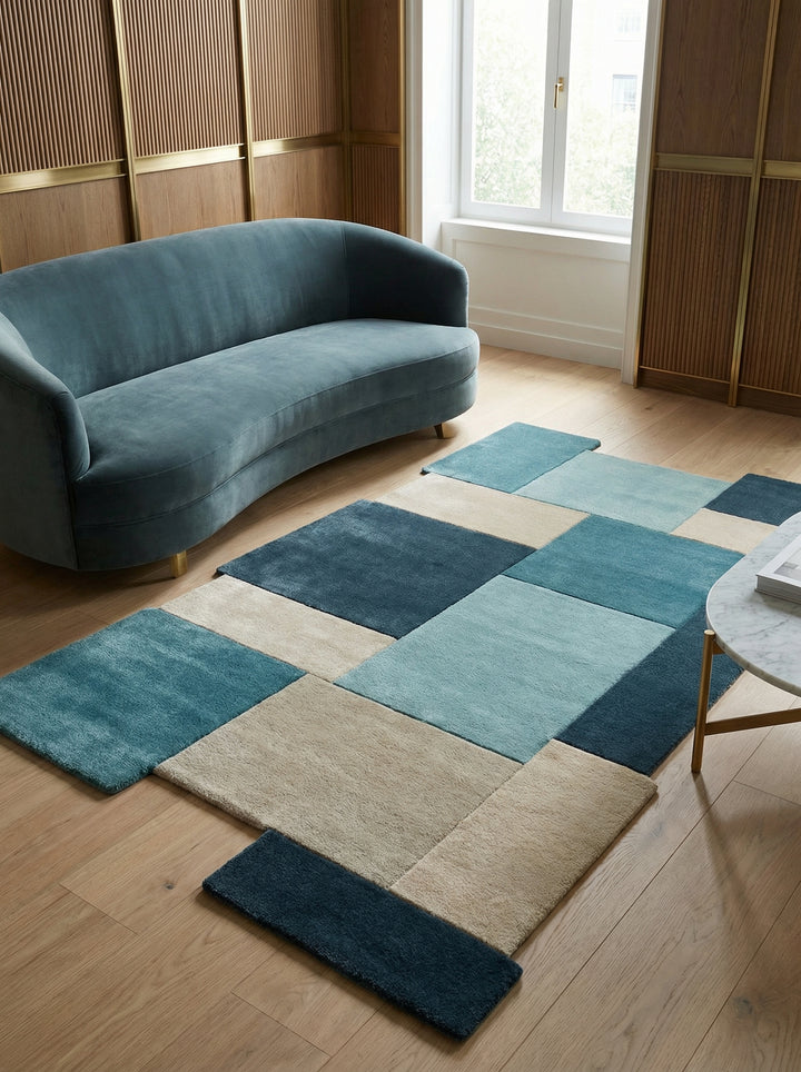 Draufsicht eines geometrischen Wollteppichs in Blau- und Beigetönen mit gestaffelten Kanten_