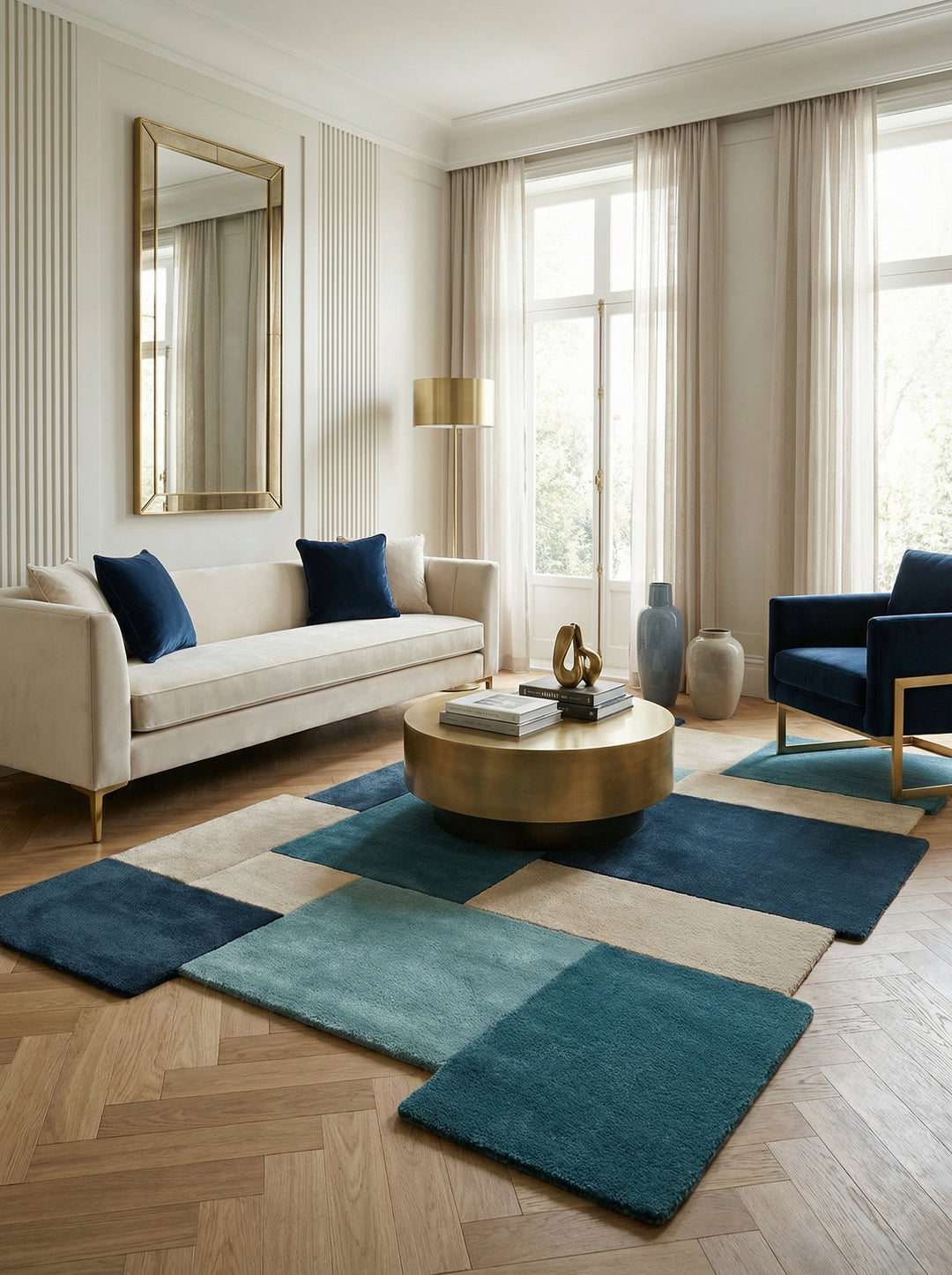 Draufsicht eines geometrischen Wollteppichs in Blau- und Beigetönen mit gestaffelten Kanten_