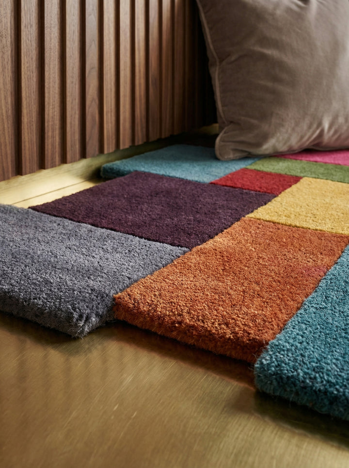 Nahaufnahme und Vollansicht eines bunten geometrischen Wollteppichs mit unregelmäßigen Rändern_