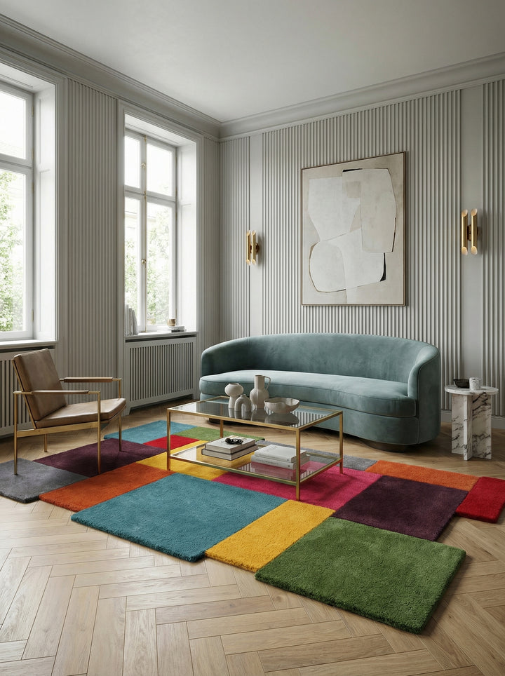 Nahaufnahme und Vollansicht eines bunten geometrischen Wollteppichs mit unregelmäßigen Rändern_