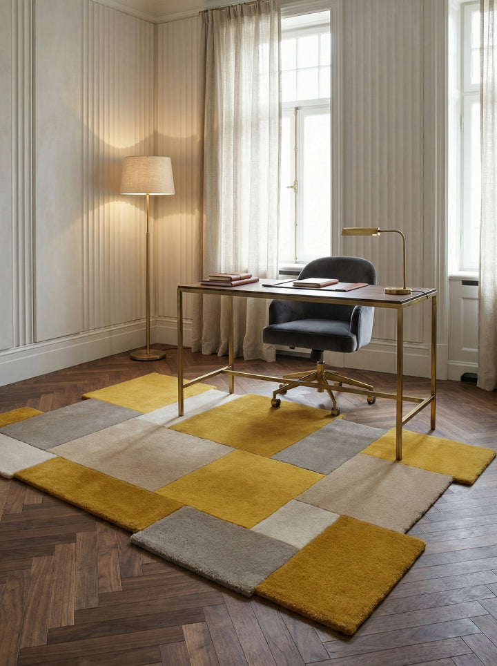 Nahaufnahme und Vollansicht eines handgetufteten Wollteppichs mit gelben und grauen geometrischen Blöcken und unregelmäßiger Kante_