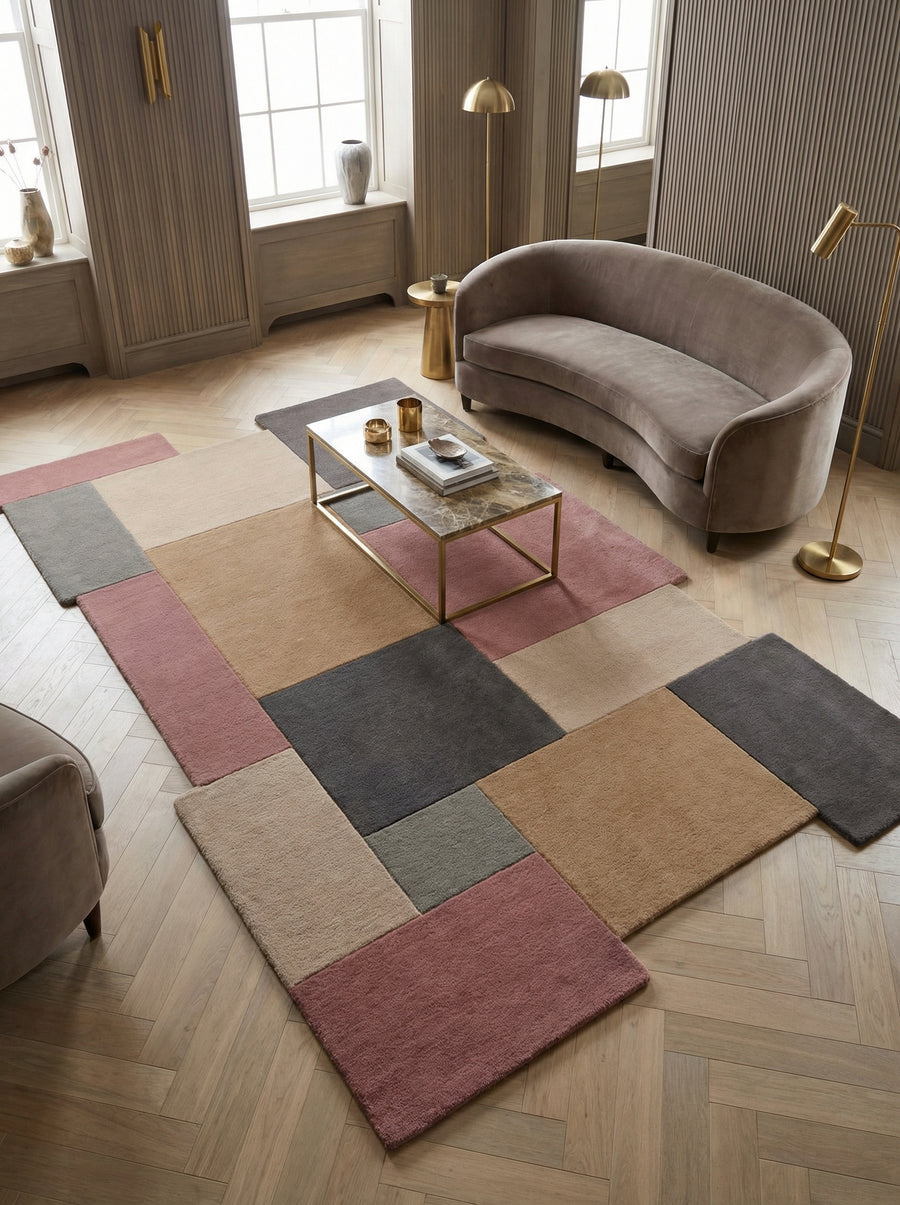 Draufsicht eines modernen Wollteppichs mit bunten geometrischen Rechtecken und asymmetrischem Rand_