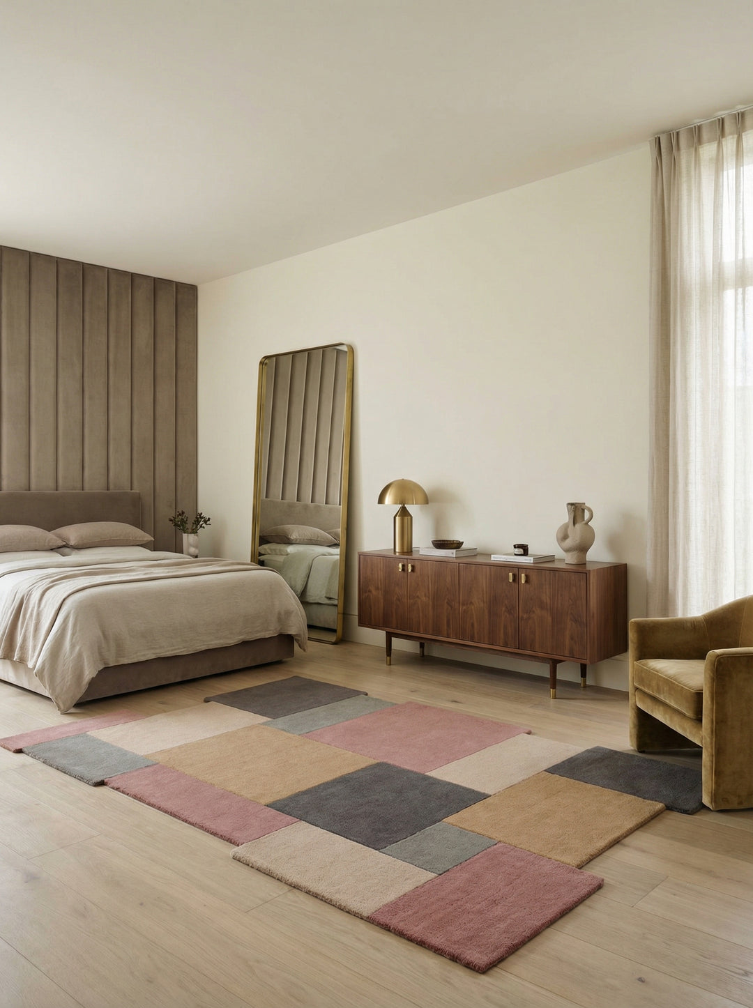 Draufsicht eines modernen Wollteppichs mit bunten geometrischen Rechtecken und asymmetrischem Rand_