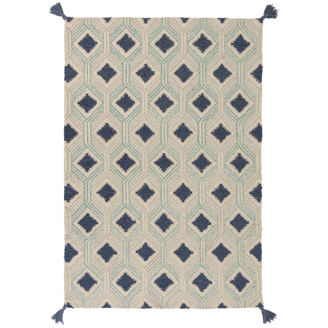 Handgetufteter Wollteppich in Beige-Blau mit Quasten - OCK DEAN von Kadima Design_Beige-Blau_