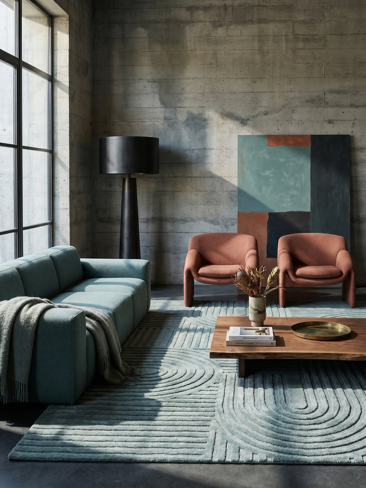 Teppich Entenei-Blau rechteckig im modernen Wohnzimmer_