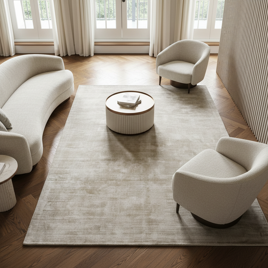 Luxuriöser Teppich in Beige mit Goldakzenten und moderner Einrichtung _