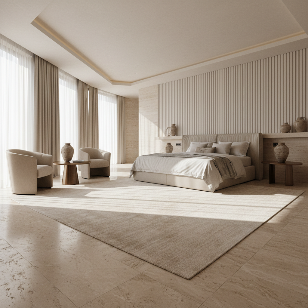 Luxuriöser Teppich in Beige mit Goldakzenten und moderner Einrichtung _